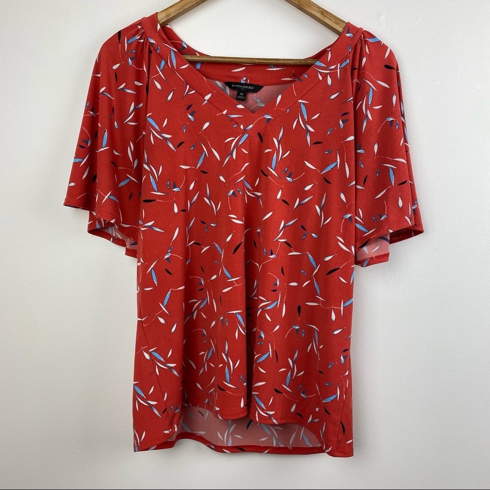 Banana Republic Feather Print Flutter Sleeve V-Neck Blouse